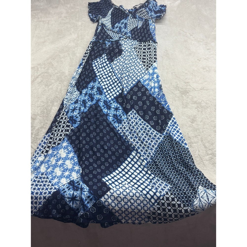Patrons of Peace Maxi Dress Women L Blue Patchwork Smocked Boho Chic Flowy Hippi